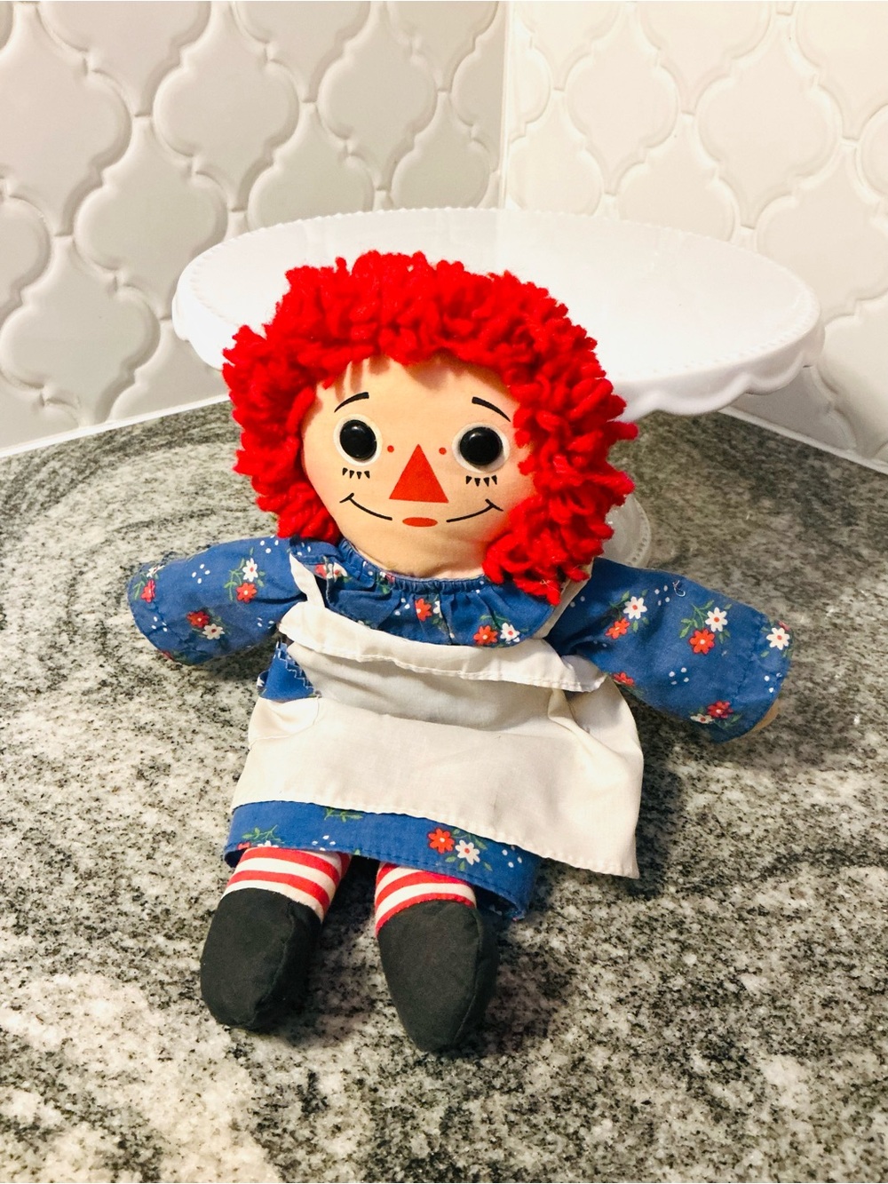 Vintage 1980’s Raggedy Ann Doll with Bright Red Yarn Hair and Blue Floral Dress